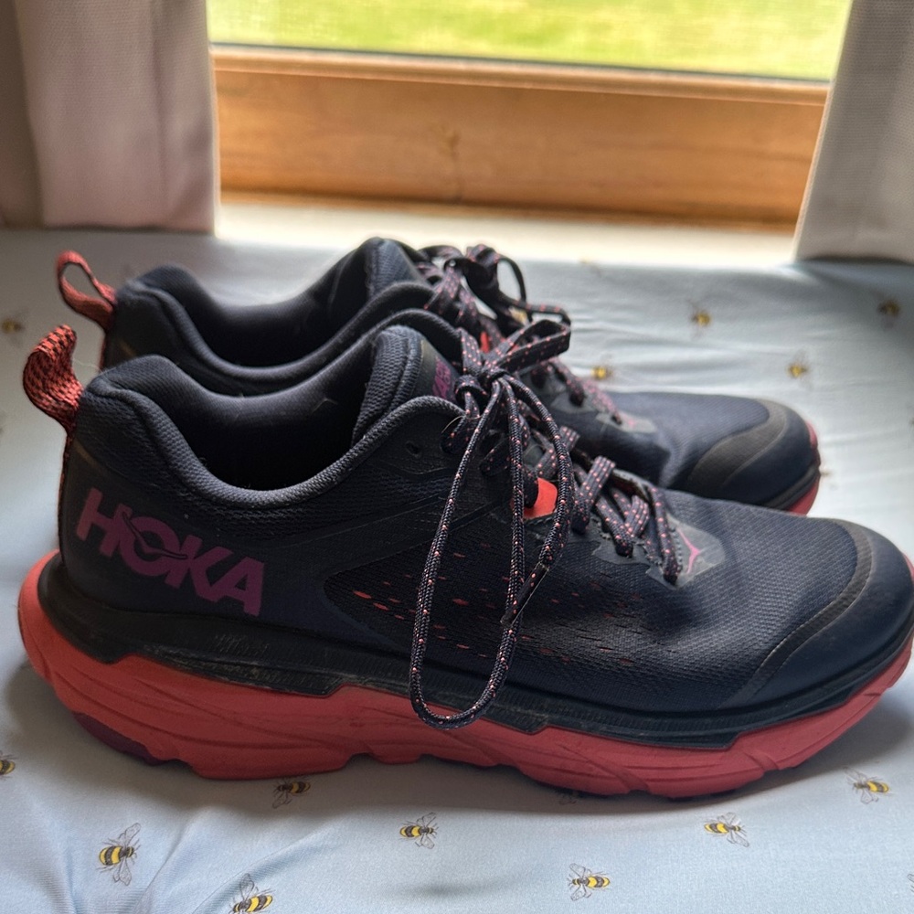 Hoka navy and coral sneakers